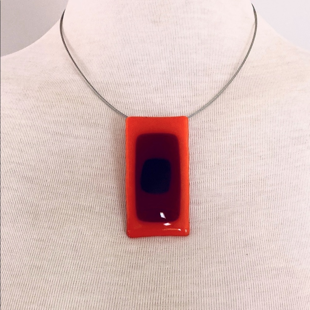 Retro glass tile pendant necklace Orange Burgundy Maroon Choker wire band 70’s - Picture 4 of 6